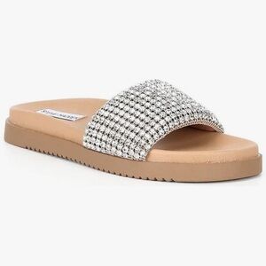 Steve Madden Tan Slide Sandals with Silver Rhinestone Strap